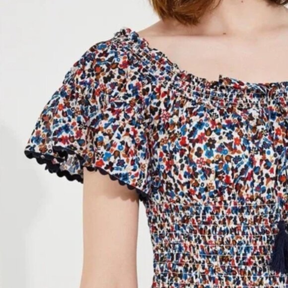 Tory Burch Wildflower Tiered Off Shoulder Smoked Navy Pipping Midi Dress S $498 - Picture 15 of 16